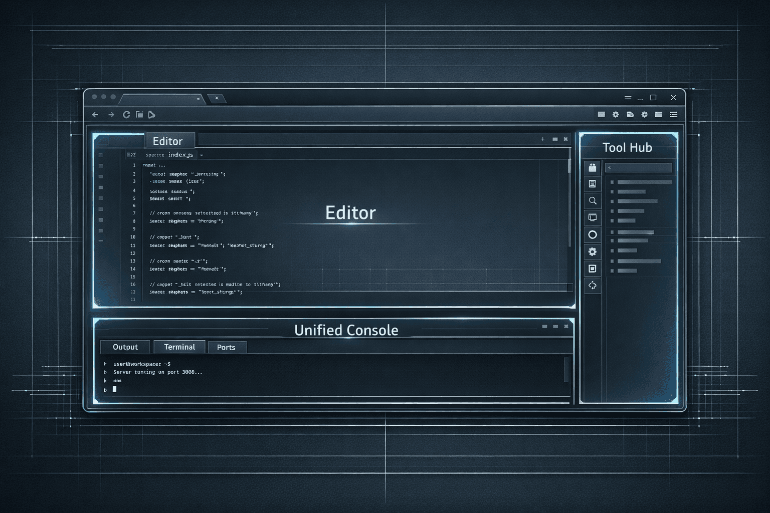 Technical blueprint of the VoidLAB workspace showing the editor, unified console, and tool hub.
